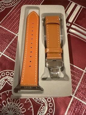 Orange Leather Watch Band with Silver Hardware